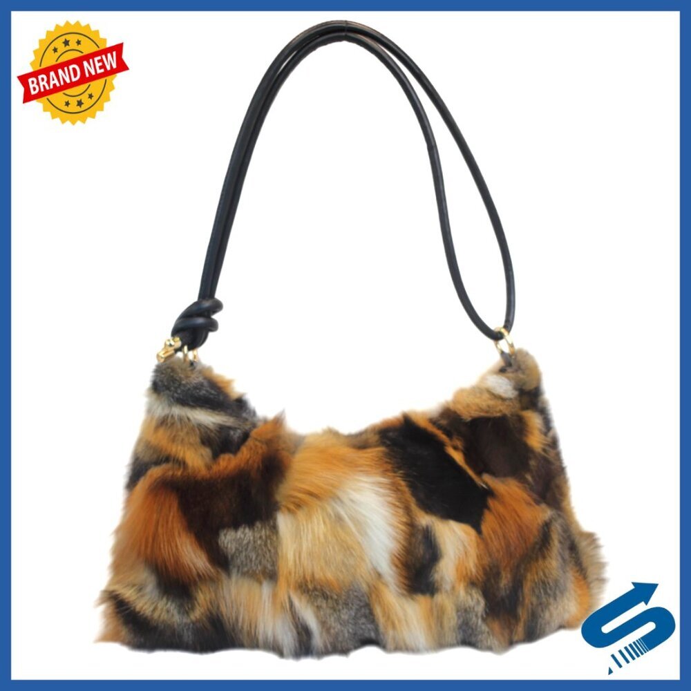 Genuine Fox Fur Hobo Bag with Leather Strap, 15-inch Luxury Handbag